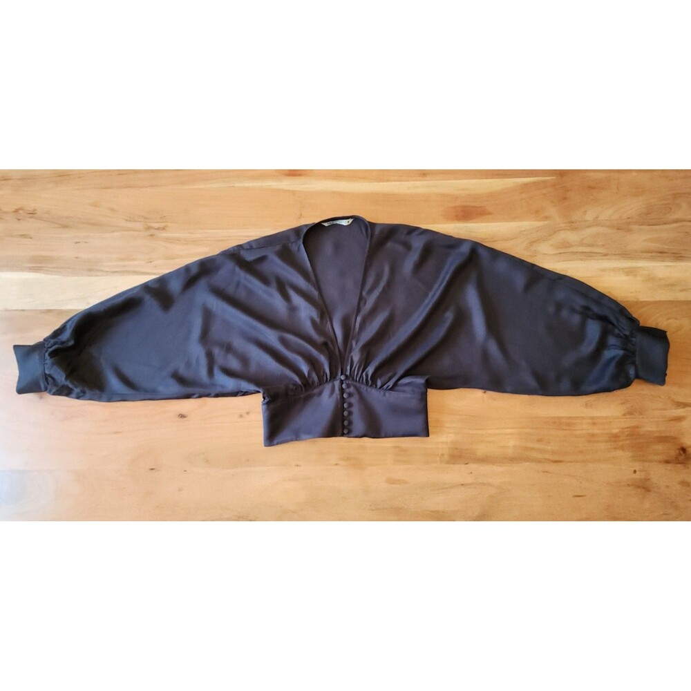Zara Dark Gray Satin Batwing Bishop-Sleeve Blouse Women's XS Corp Office Siren